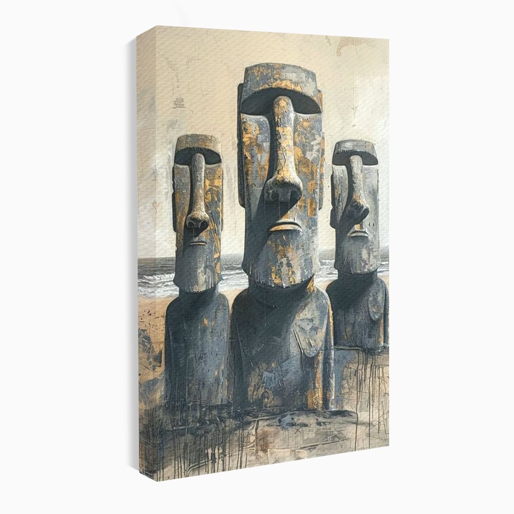 Tablou canvas cu statui moai din piatra, fara rama, pe sasiu de lemn